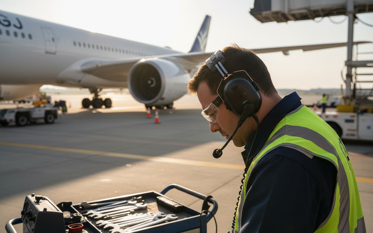 Mecanic de aviație purtând antifoane profesionale lângă motor de avion pe pistă