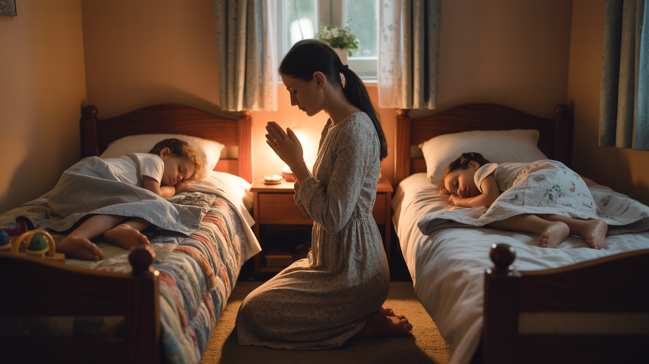 O mamă rugându-se cu dragoste pentru copiii ei, într-o atmosferă caldă.
