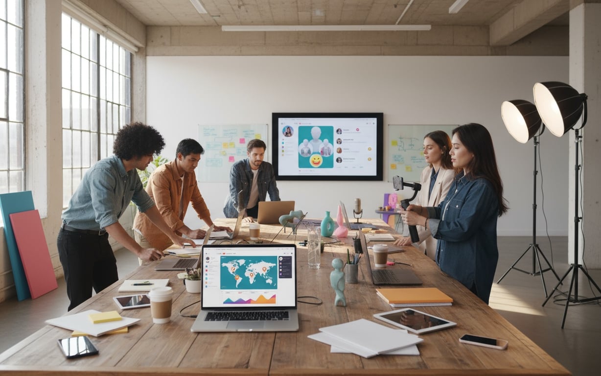 Echipă de social media manageri creând conținut autentic pe platforme diverse