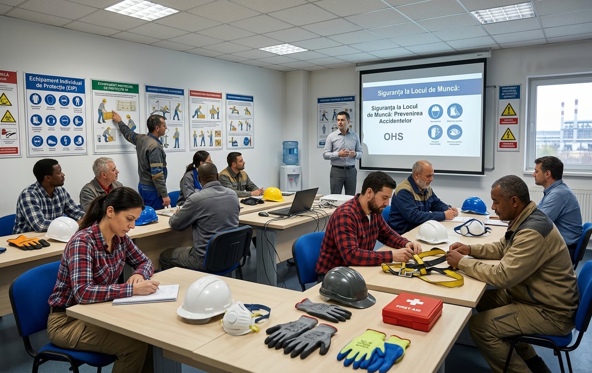 Sesiune de instruire SSM cu angajati in sala de training