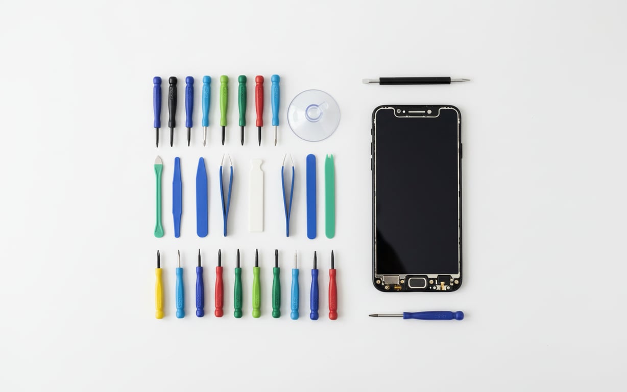 Kit instrumente reparație telefon cu șurubelnițe și piese pe masă