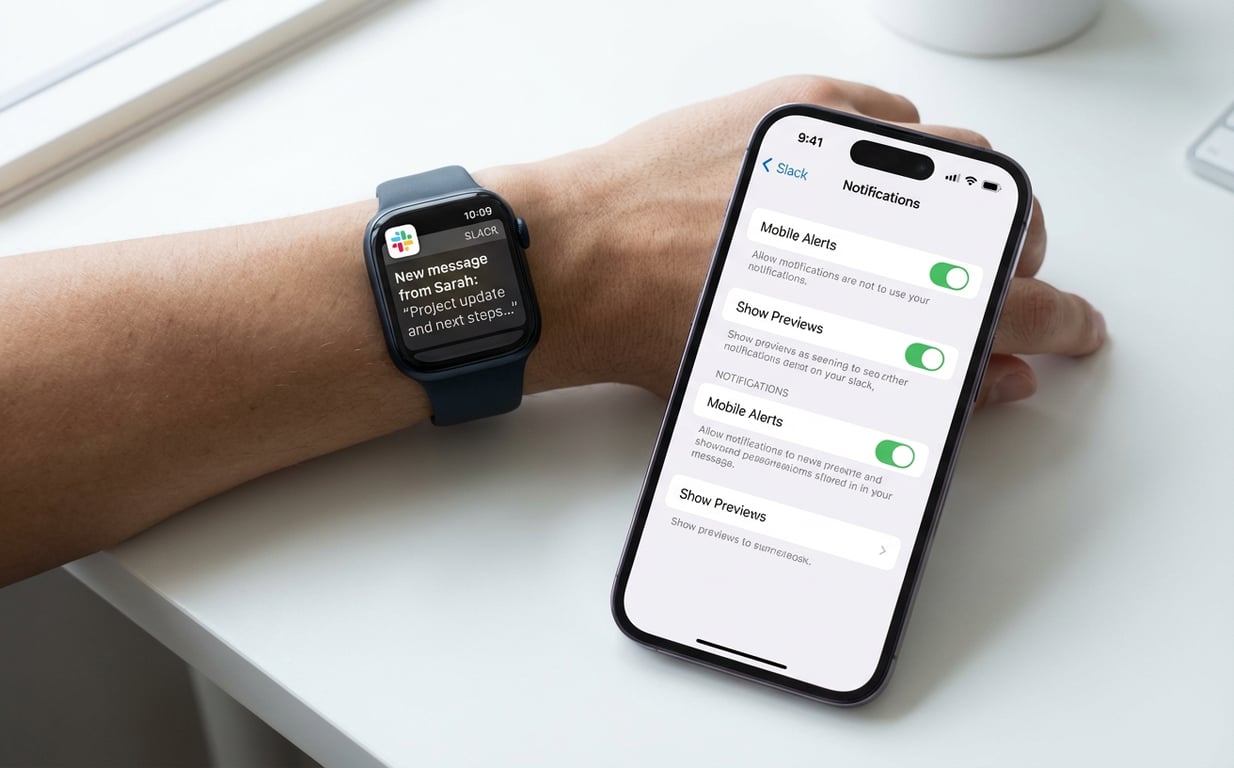 Apple Watch displaying Slack notification alongside iPhone showing mobile app notification settings and synchronized alert management