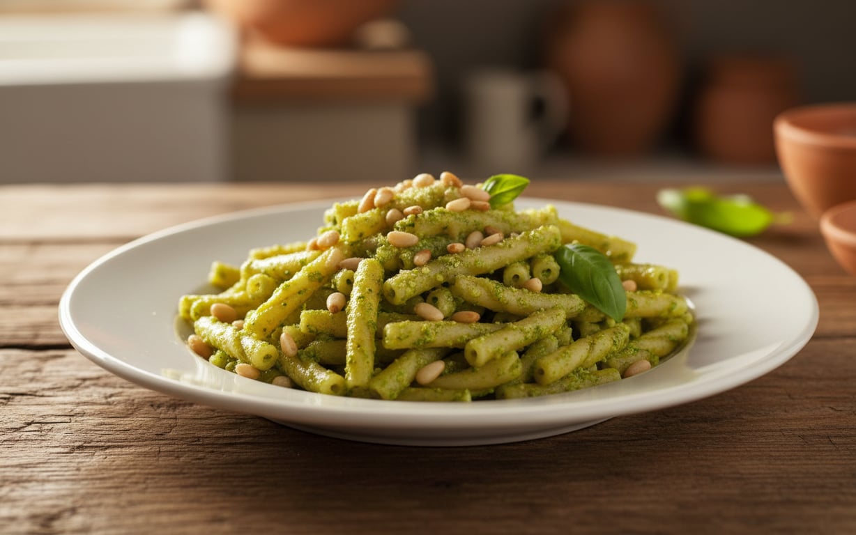 Farfurie cu trofie al pesto genovese, preparat tradițional <span data-fact-id=