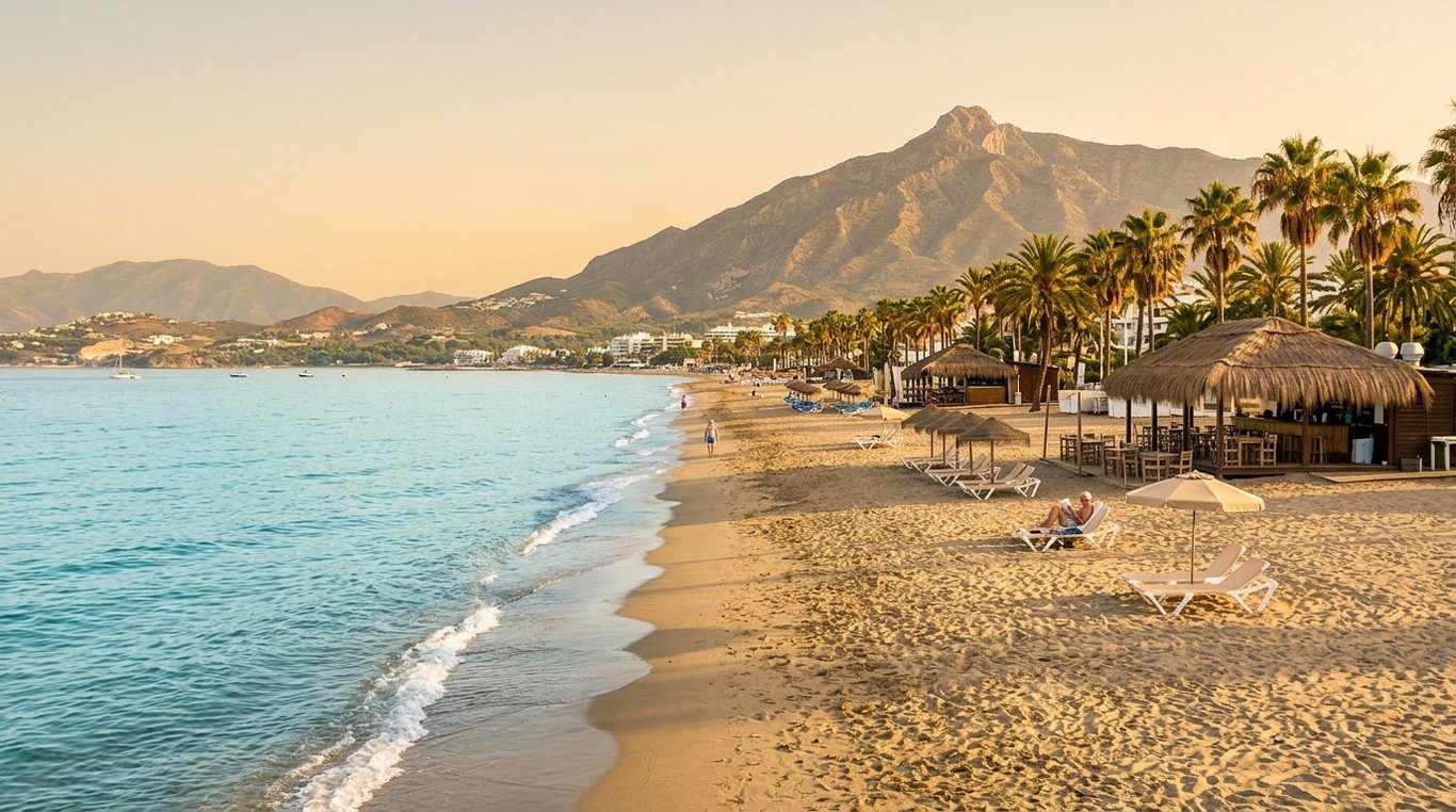 Plajă liniștită Marbella în septembrie cu apă turcoaz și șezlonguri pe nisip auriu