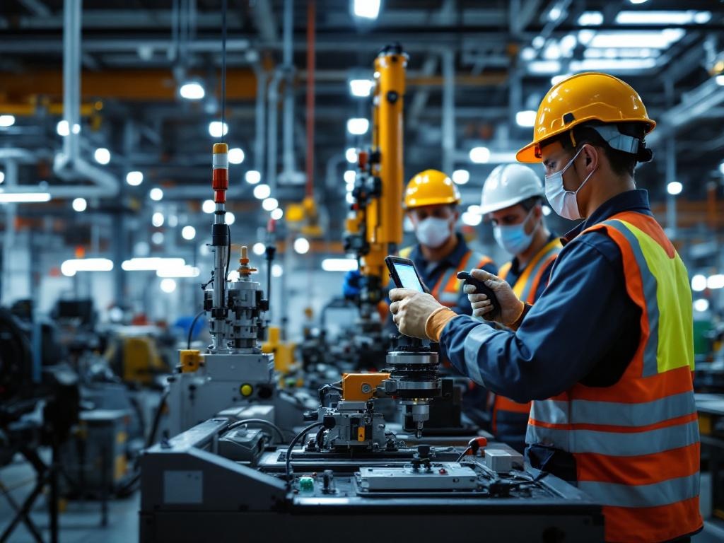 Muncitori în siguranță folosind echipamente certificate CE în fabrică modernă