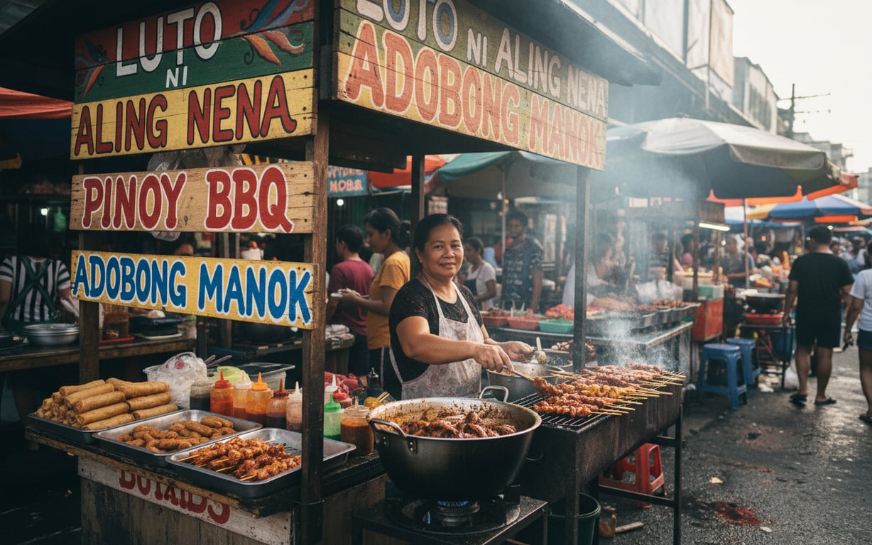 Tarabă tradițională cu mâncare stradală filipineză într-o piață colorată din Manila