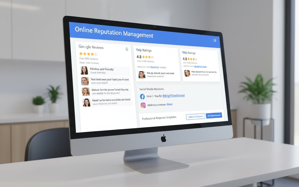 Online review management interface showing dental practice ratings and responses