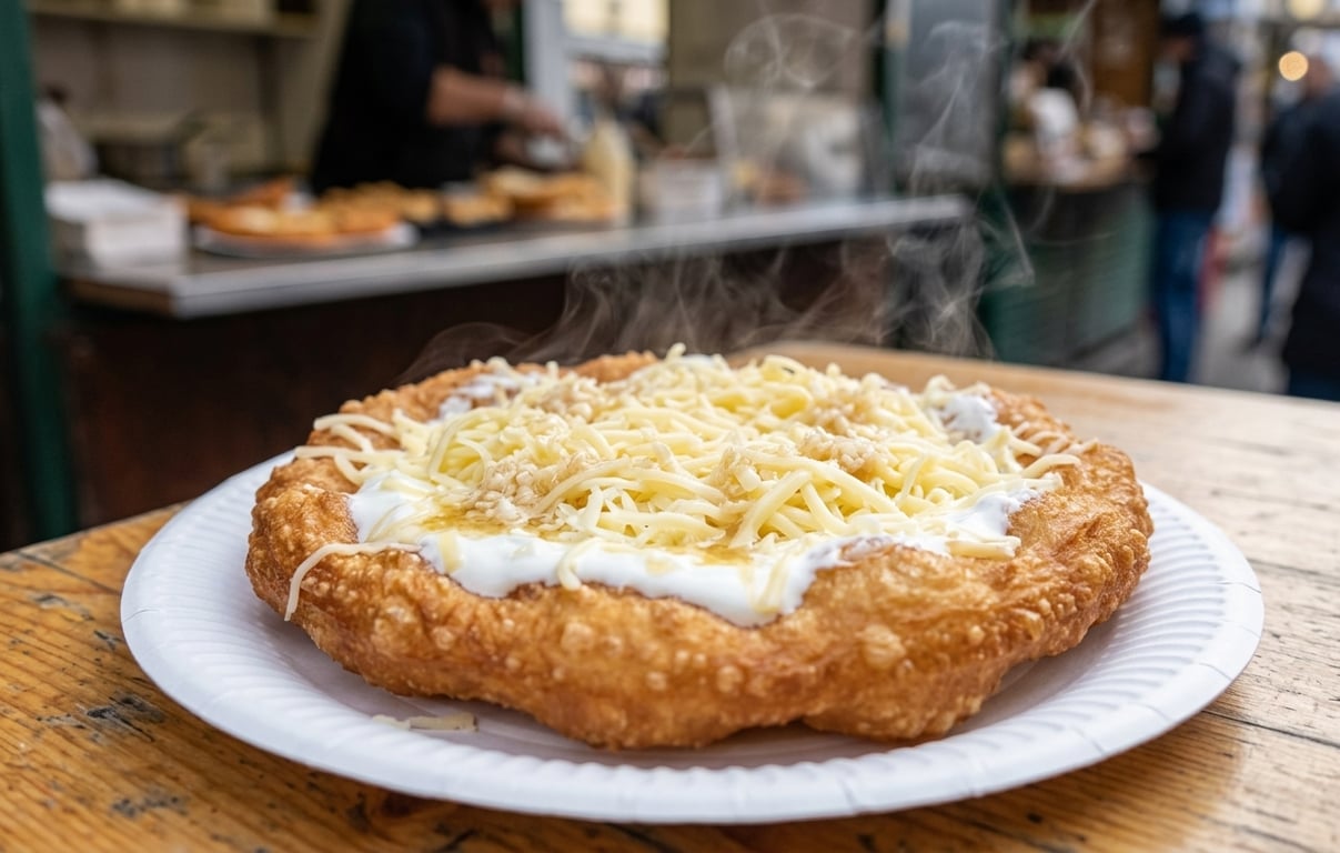 Lángos unguresc proaspăt prăjit cu smântână, brânză rasă și usturoi servit la chioșc stradal din Budapesta