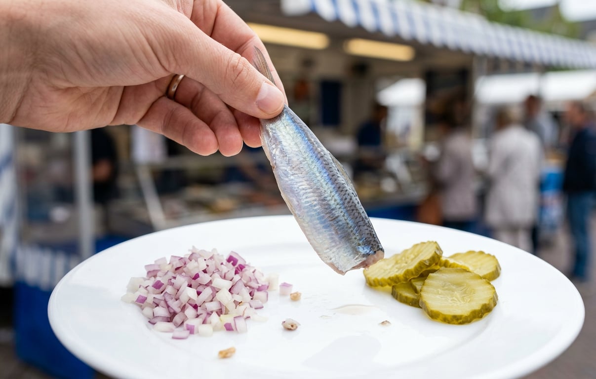 Hering olandeză proaspătă servită tradițional cu ceapă tocată și castraveți murați