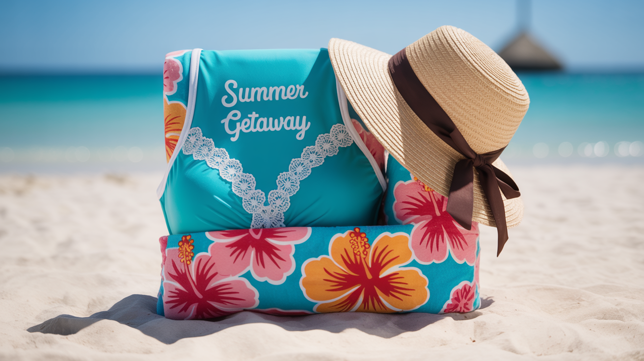 Εποχιακό πακέτο ρούχων με μαγιό, καπέλο και πετσέτα θαλάσσης.