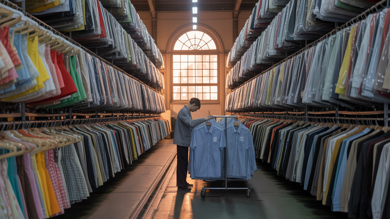 Wholesale clothing concept: garments in bulk, retail store background