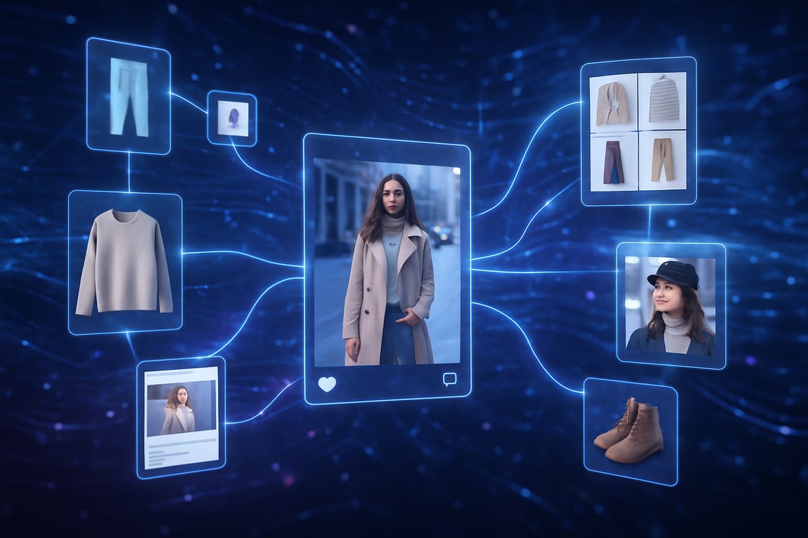 A photorealistic shot capturing a data visualization of AI analyzing fashion trends, with glowing lines connecting images of clothing, social media posts, and e-commerce listings, abstract background representing the vast amount of data being processed, cool blue and purple color scheme to convey a sense of technology and intelligence, emphasizing the role of AI in identifying emerging styles and patterns.