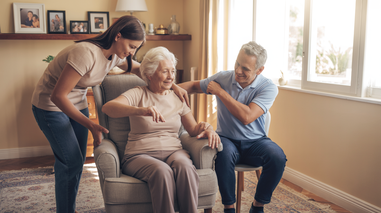 Familie sprijinind o persoană în vârstă la exerciții de kinetoterapie acasă.
