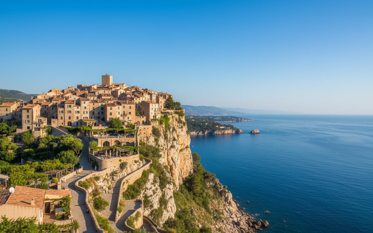 Satul medieval Eze cocoțat pe stâncă cu vedere panoramică asupra Mediteranei