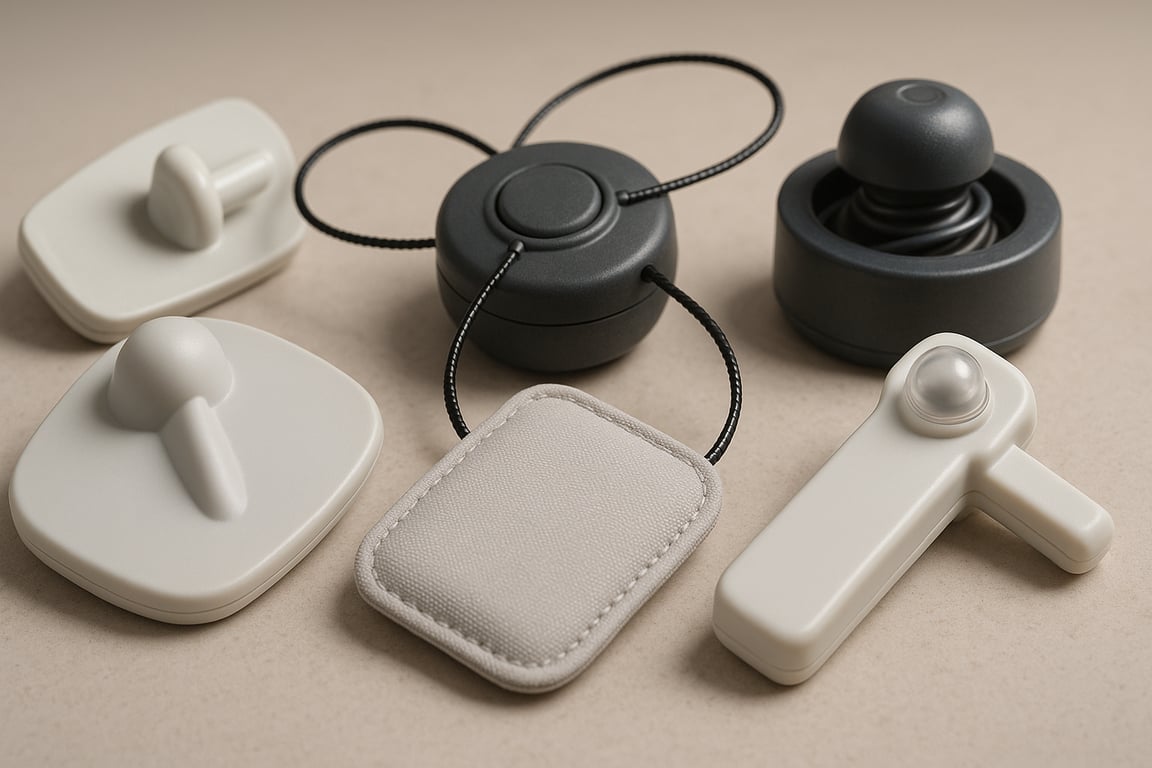 A photorealistic close-up shot of various retail security tags, including hard tags, soft tags, ink tags, spider wraps, and bottle tags, arranged on a neutral surface, showcasing their different designs and functionalities, with soft, diffused lighting to highlight the details of each tag, emphasizing their role in loss prevention.