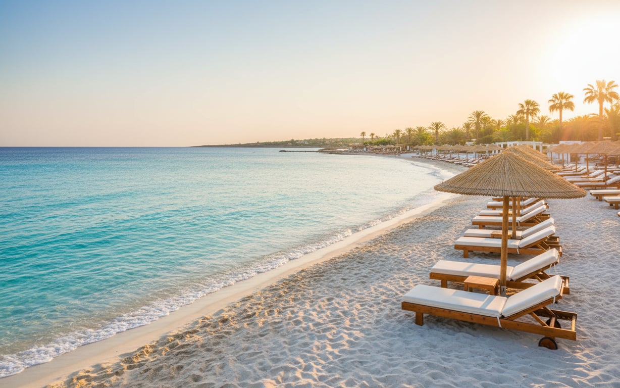 Plajă mediteraneană cu apă turcoaz și nisip alb la apus