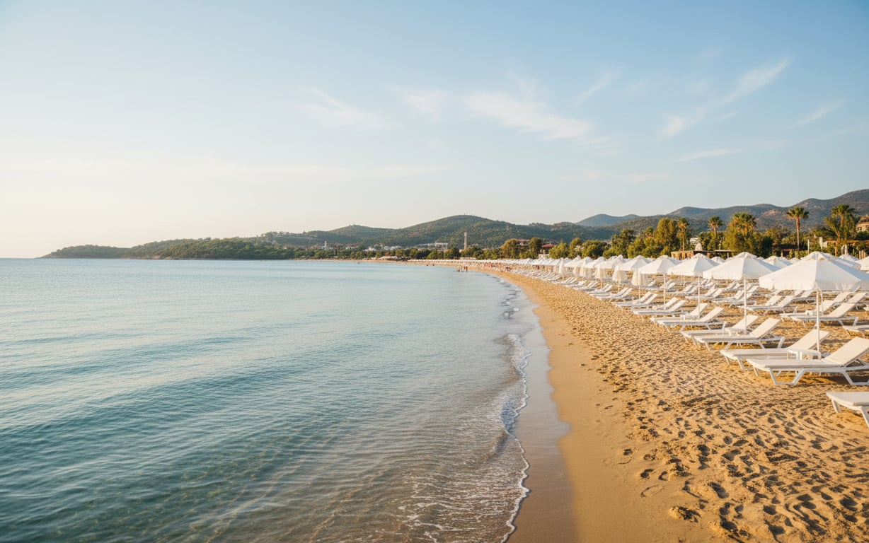 Plajă din Bodrum cu apă turcoaz și șezlonguri în septembrie