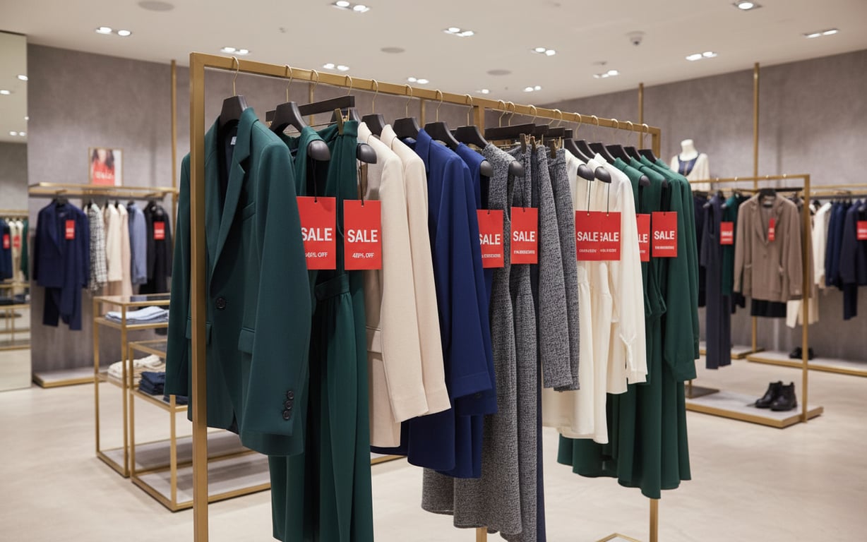 Wieszaki z odzieżą brandową oznaczone etykietami wyprzedażowymi w eleganckim butiku