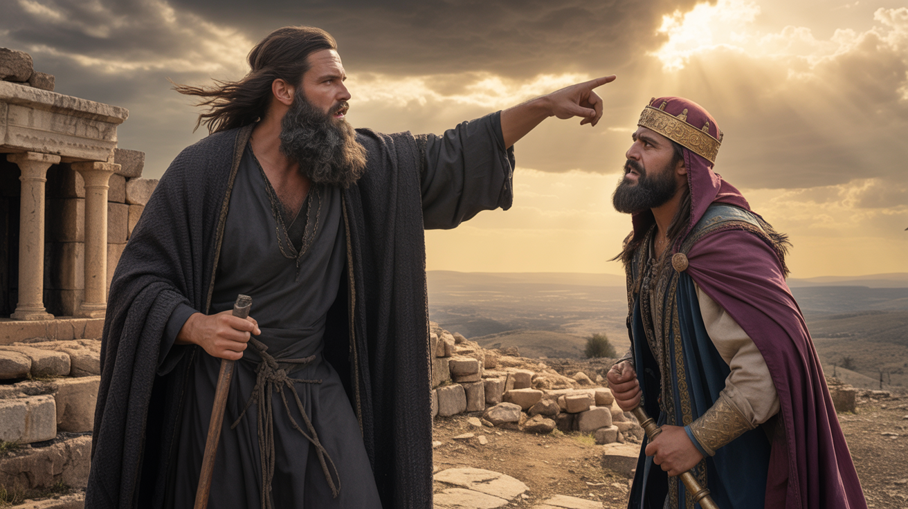 Profetul Ilie mustrându-l pe regele Ahab pentru idolatrie, secolul al IX-lea î.Hr.