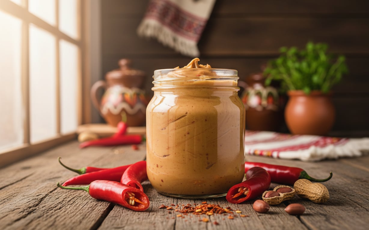 Unt de arahide picant cremos în borcan de sticlă cu ardei roșii