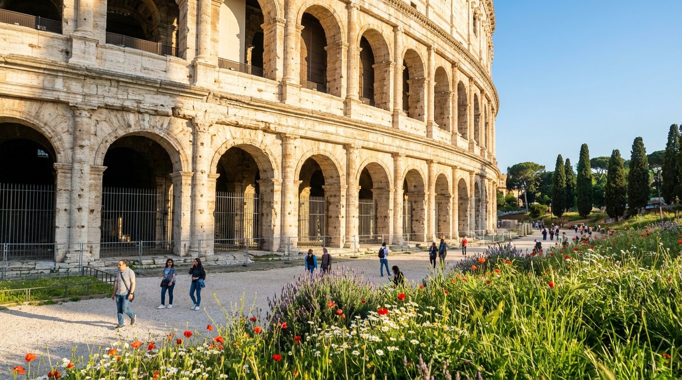 Colosseum-ul Roman în primăvară cu turiști și vegetație verde în prim-plan