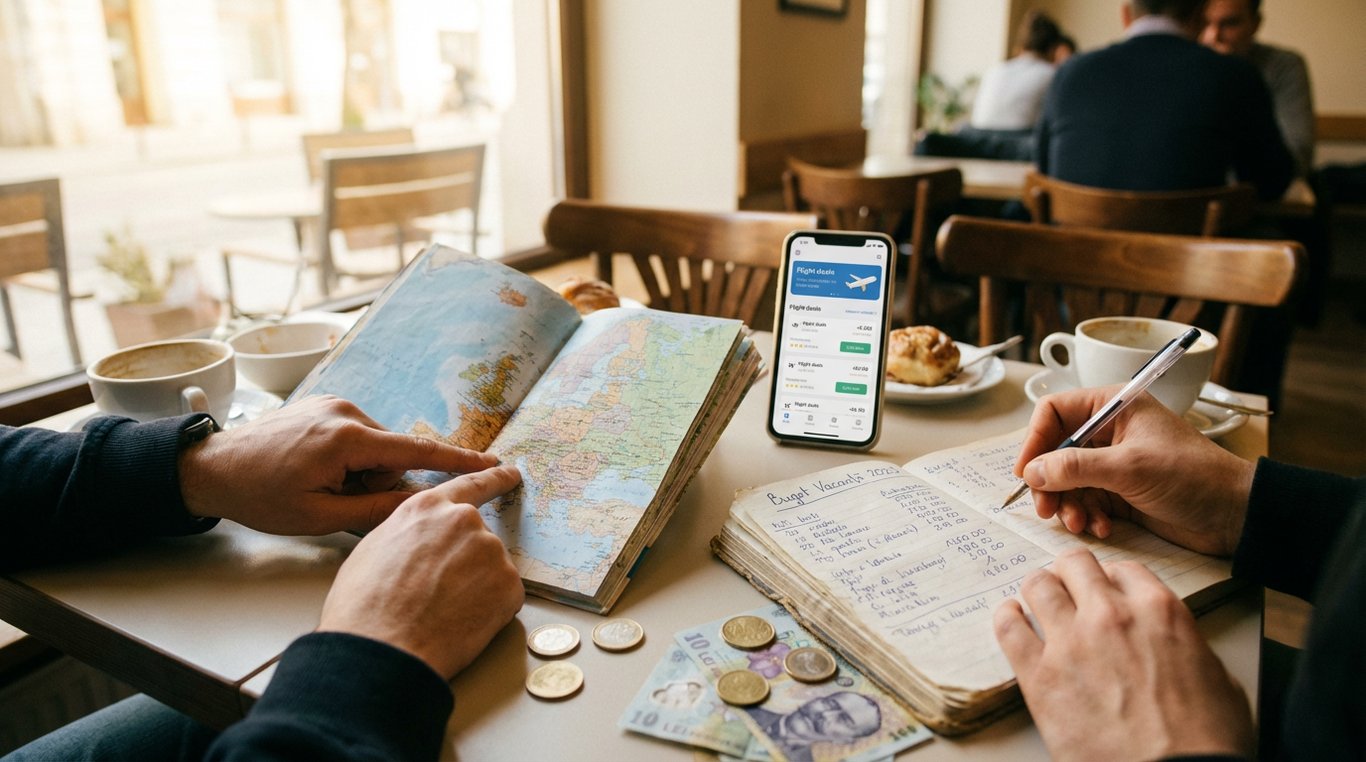 Tineri români planificând un city break european low-cost într-o cafenea luminoasă, cu hărți.