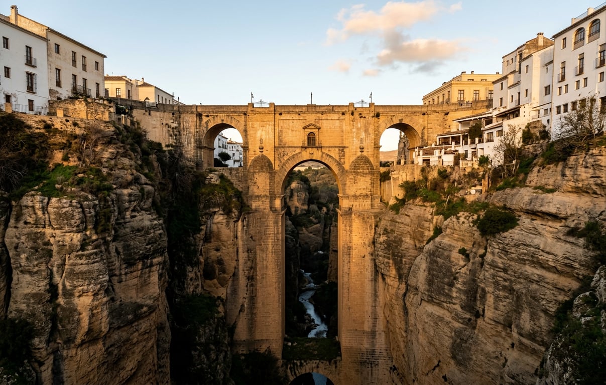 Puente Nuevo traversând canionul El Tajo la 98 metri înălțime în Ronda, Spania