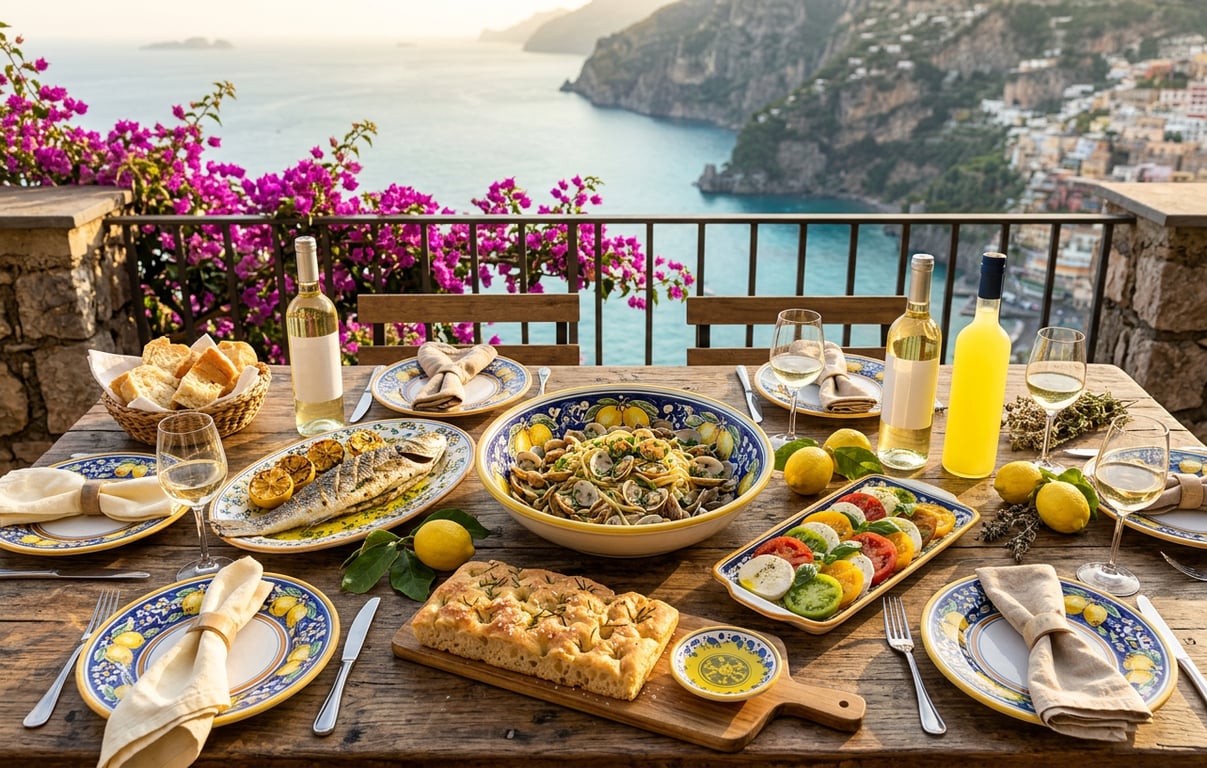 Masă tradițională italiană cu fructe de mare proaspete și limoncello pe terasă cu vedere la mare