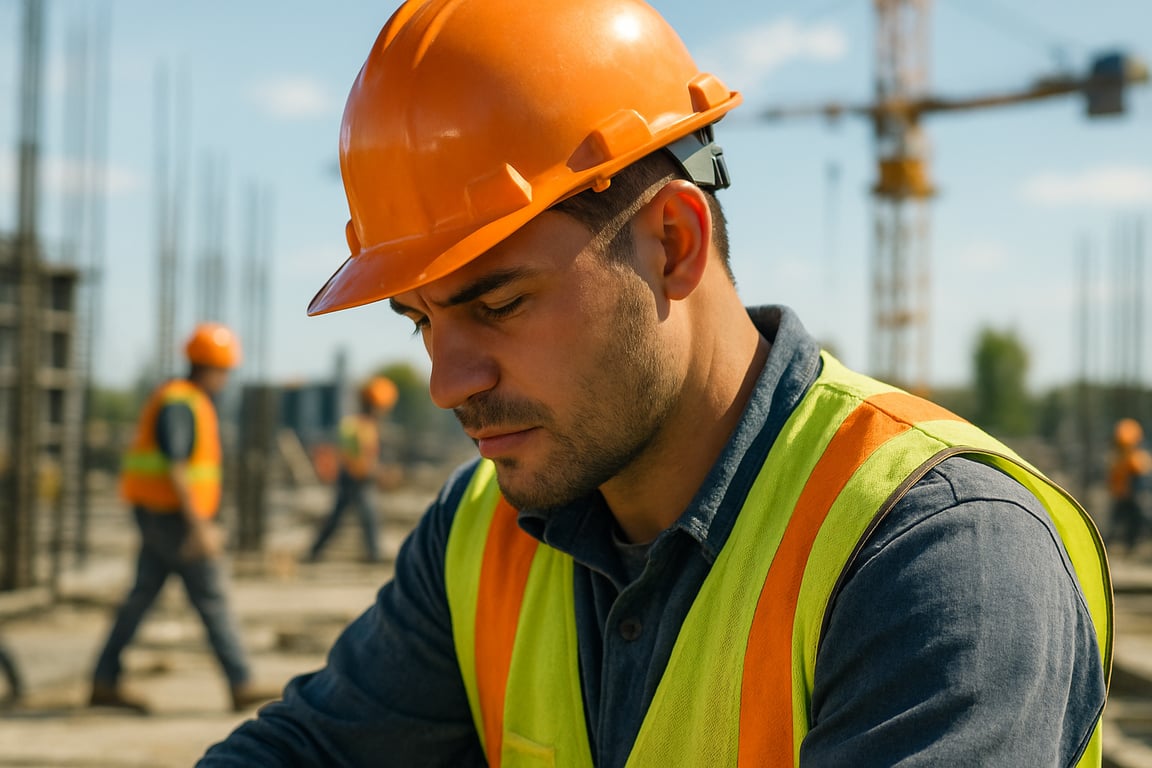 A photorealistic shot capturing a close-up of a construction worker wearing a hard hat on a construction site. The hard hat is brightly colored and in good condition. The worker is focused on their task, and the background shows other workers and construction equipment. The lighting is bright and natural, highlighting the importance of safety on the job site.