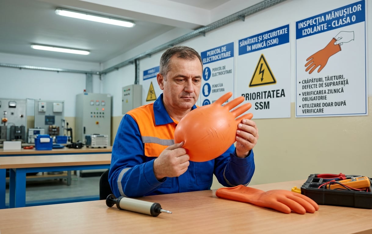 Electrician verifica vizual manusile electroizolante prin metoda umflarii inainte de interventie la instalatie electrica