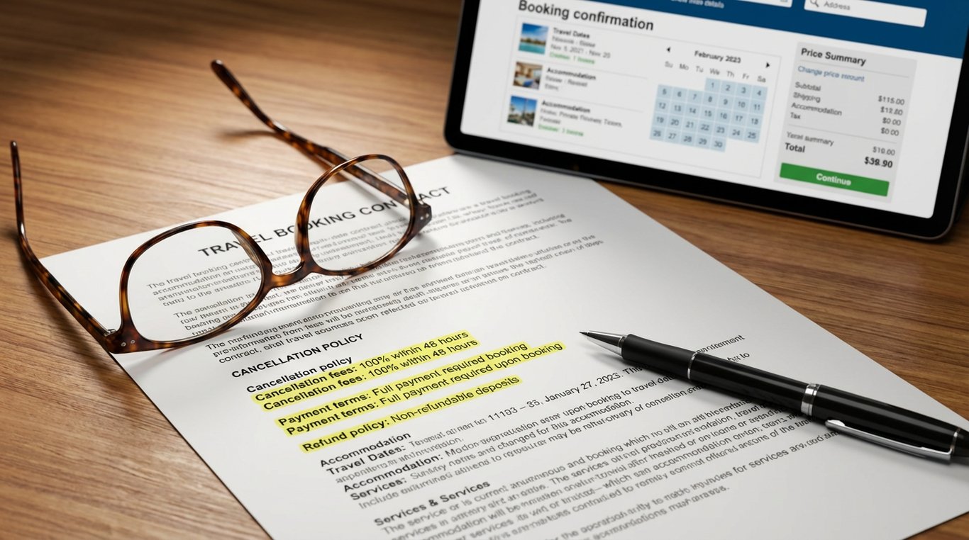 Document de contract de rezervare cu evidențierea clauzelor de anulare și condiții