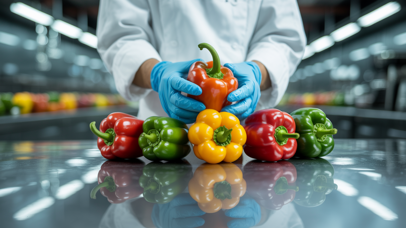 Muncitor în industria alimentară purtând mănuși, lucrând cu ingrediente proaspete