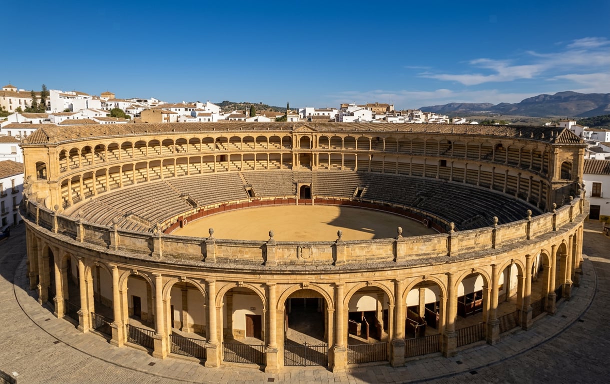 Plaza de Toros din Ronda cu arhitectură neoclasică și arcade duble, inaugurată în 1785