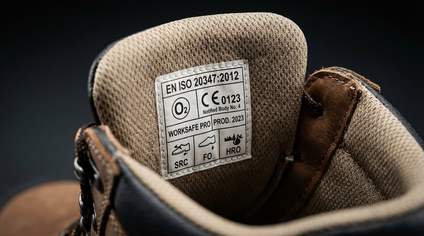 Detaliu apropiat al etichetei interioare a bocancilor cu marcaje EN ISO 20347 O1 O2