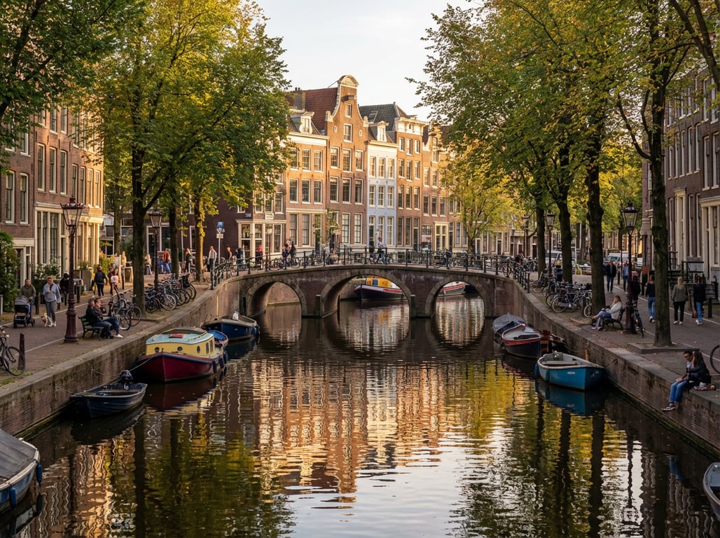Canalele concentrice din Amsterdam cu case tradiționale olandeze și poduri pictoreşti