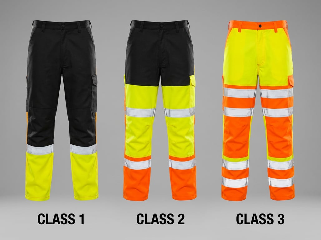 Comparatie vizuala intre clasele de <b>vizibilitate</b> EN ISO 20471 pentru <b>pantaloni reflectorizanti</b>