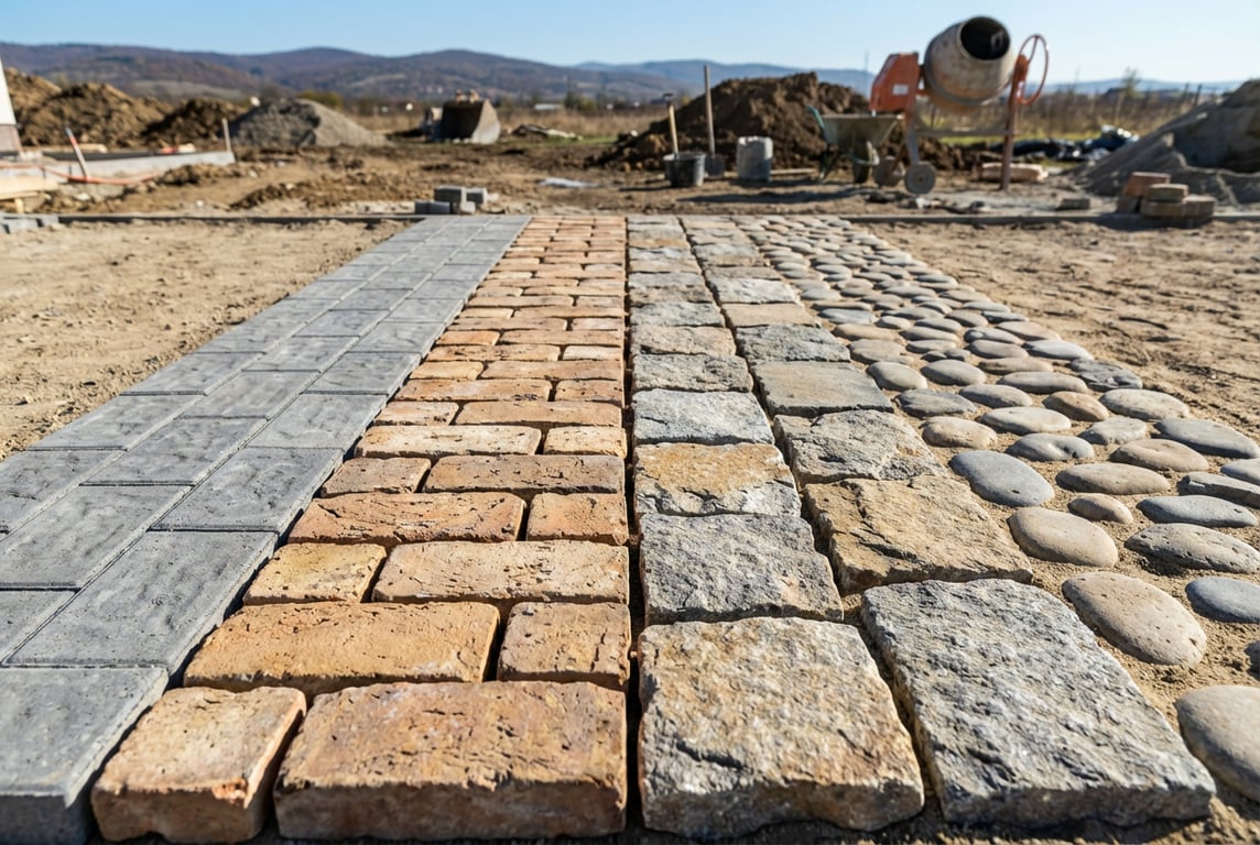 Comparație vizuală între diferite tipuri de pavaje: beton vibropresat, cărămidă arsă, piatră naturală și piatră de râu