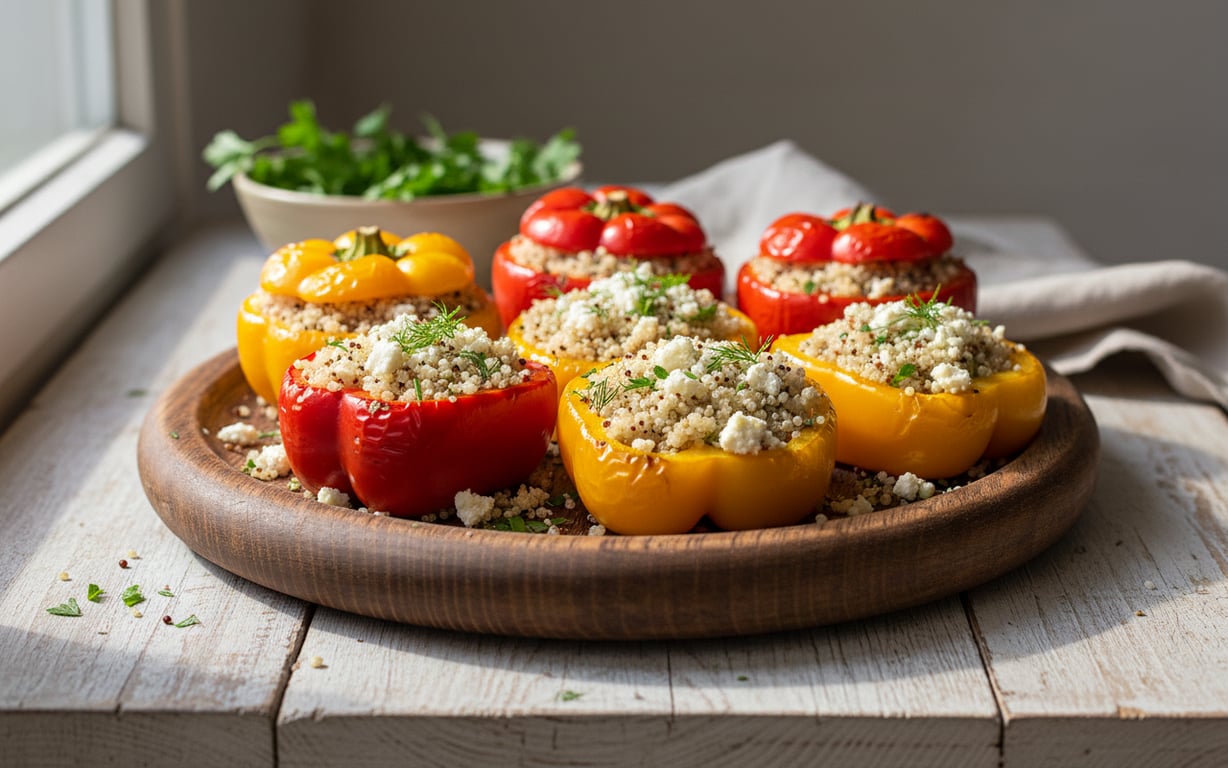 Ardei copți umpluți cu quinoa și feta pe platou rustic