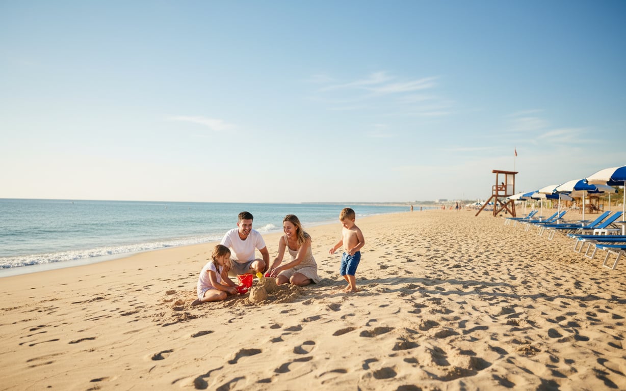Familie cu copii petrecând timp pe o plajă amenajată din Algarve