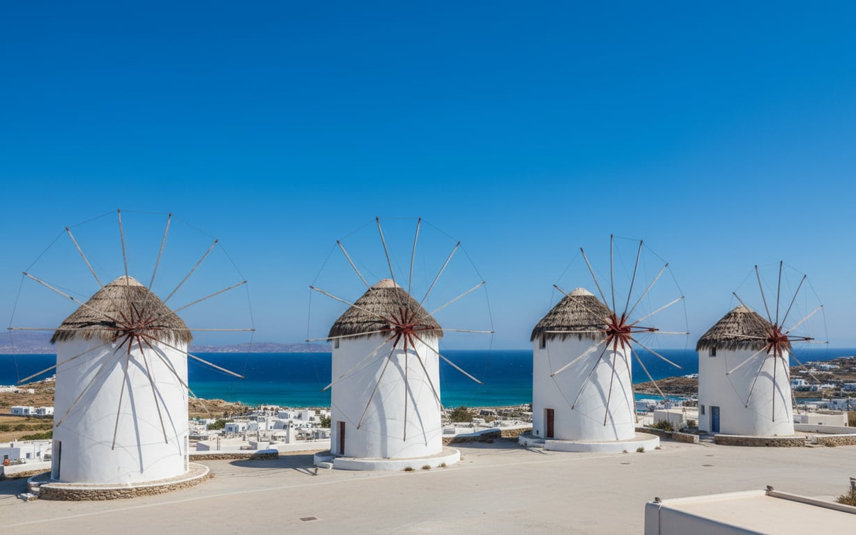 Morile de vânt iconice din Mykonos pe fundal de cer albastru și mare