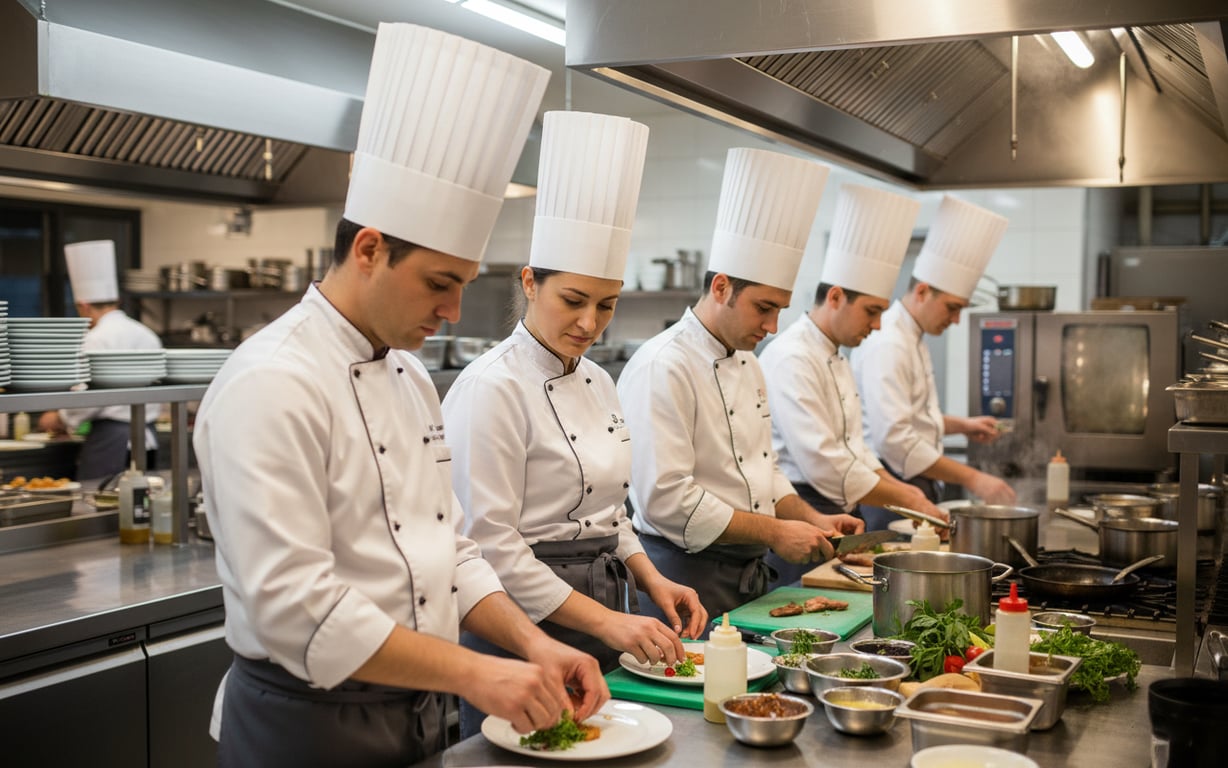 Echipa HoReCa în bucătărie profesională, purtând uniforme complete pentru siguranță și igienă.