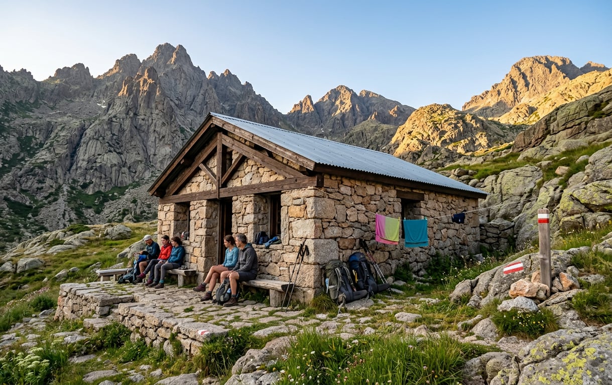 Refugiu montan pe traseul GR20 în Corsica înconjurat de vârfuri alpine