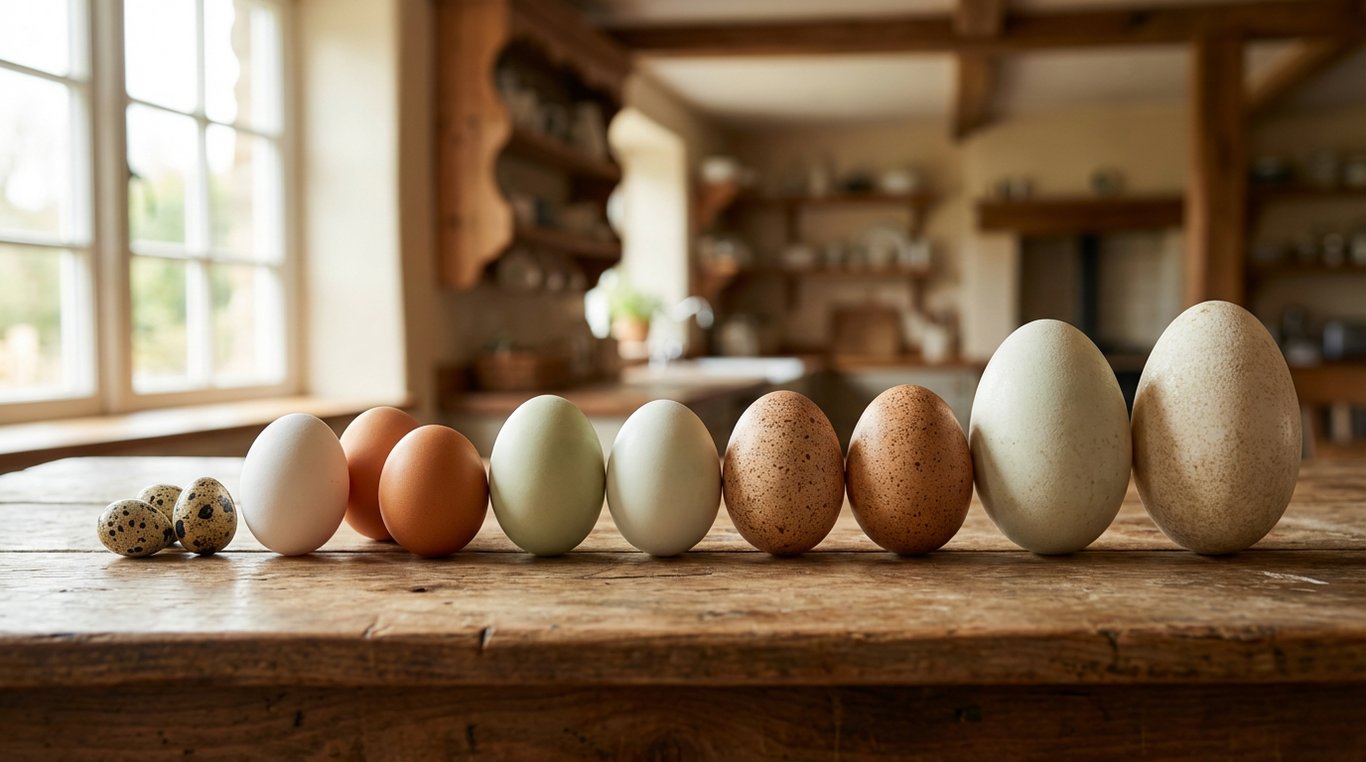 Comparație vizuală între ouă de diferite specii de păsări domestice