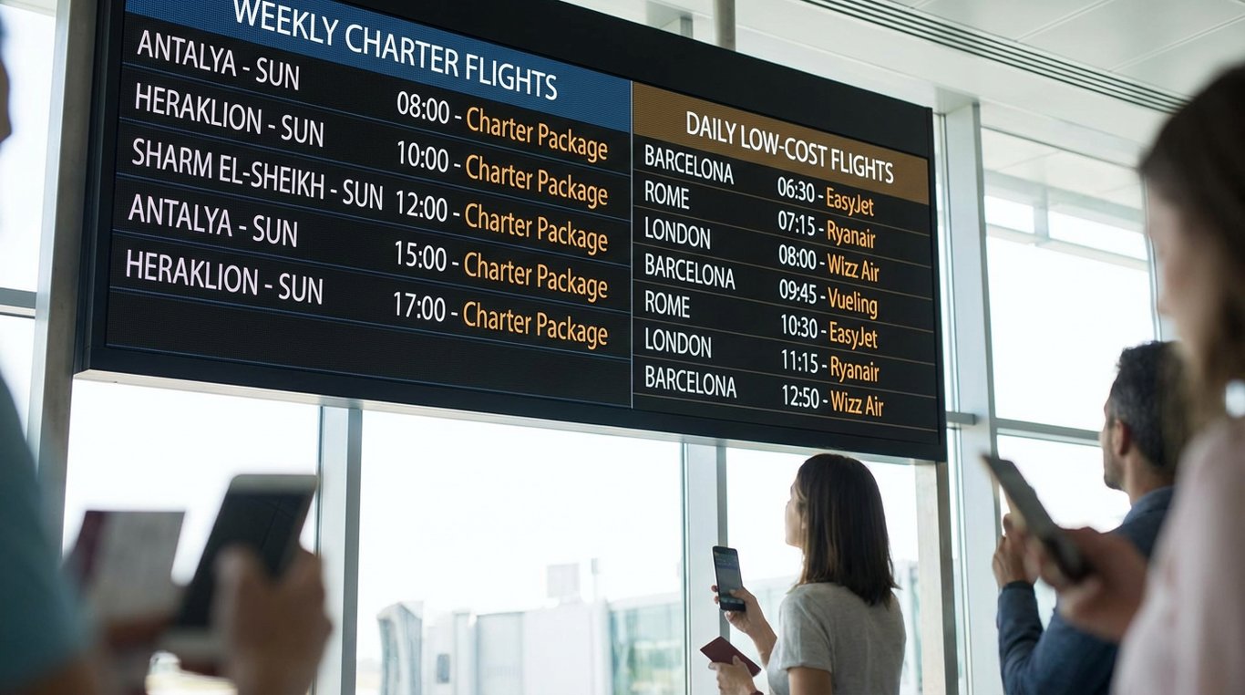 Tablou de afișaj aeroportuar arătând diferențele de programare între zboruri charter și low cost