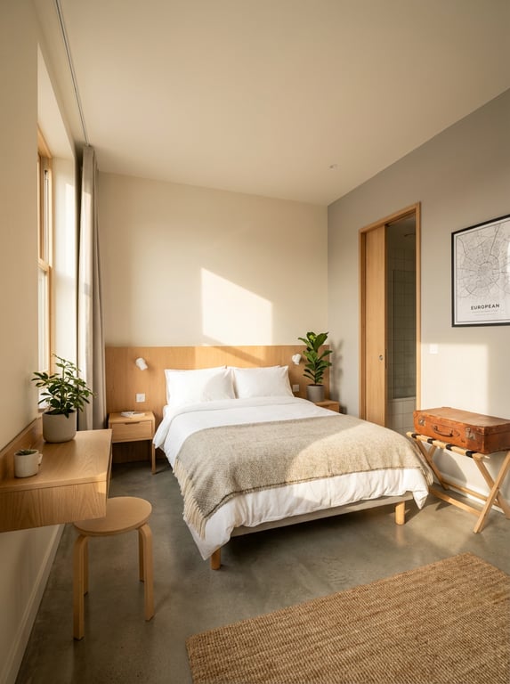 Cameră privată într-un hostel modern, curată și luminoasă, ideală pentru buget.