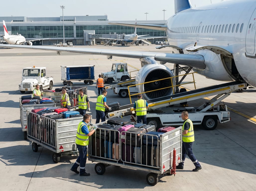 Personal de aeroport transferând bagaje între avioane pe pista aeroportului