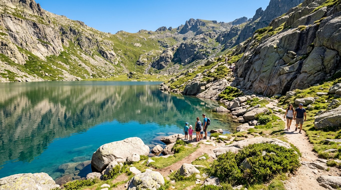 Lacul glaciar Melo în Valea Restonica înconjurat de pereți stâncoși și vegetație alpină