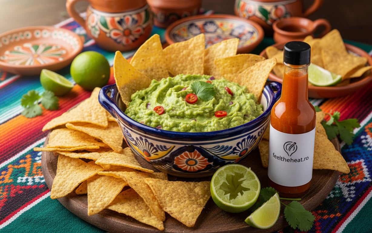 Guacamole picant servit cu chipsuri tortilla și sos picant natural