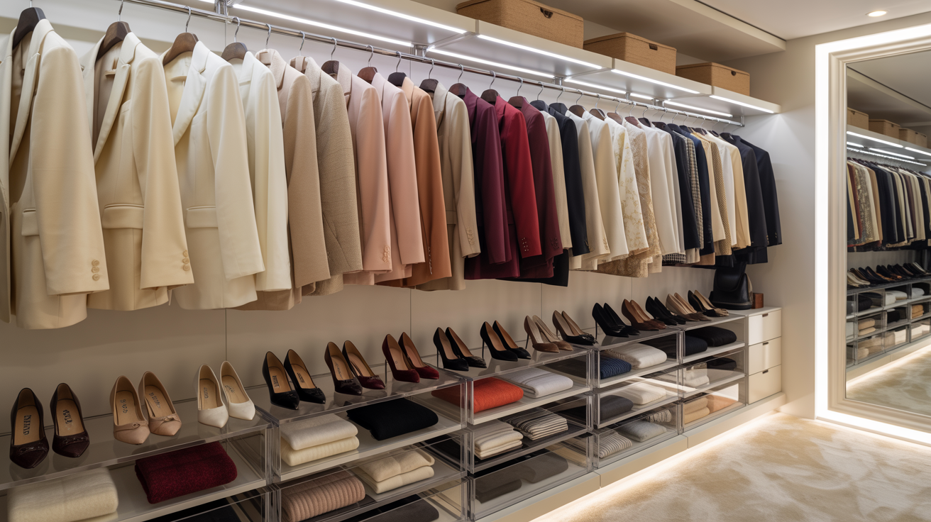 Un dressing organizat cu haine aranjate pe categorii și culori.