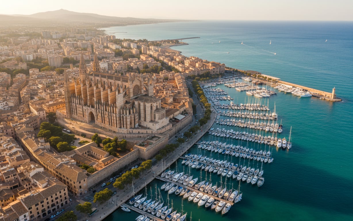 Vedere panoramică asupra coastei Mallorca cu ape turcoaz și munți în fundal